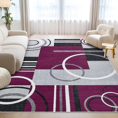 TackView Washable Abstract Circles Rug - Modern Area Accent Rug, Stain Resistant, Low Pile Throw Carpet for Bedroom Living Room
