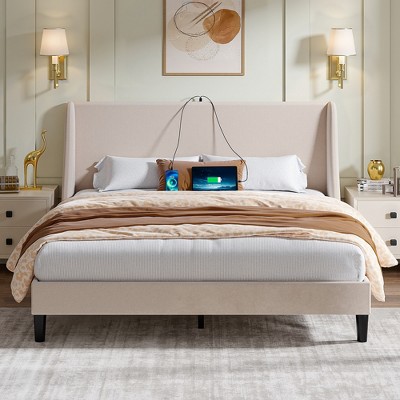 VECELO Upholstered Full/Queen Size Bed Frame with Headboard & Wingback, Platform Bed with USB & Type-C Ports
