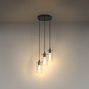 YANSUN 3-Light Pendant Chandelier / Hanging Light with Clear Cylindrical Glass Shades, Metal Black Finish, Adjustable 59in Cord - 1 of 4