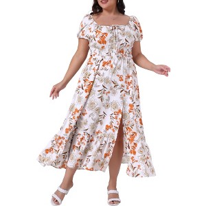 Agnes Orinda Women's Plus Size Floral Tie Notched Neck Puff Short Sleeve Side Slit A Line Maxi Dress - 1 of 4