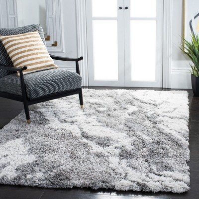 Grey and Ivory Abstract Shag Rug, 3' x 5'