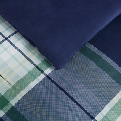 Queen Green and Blue Microfiber Plaid 7-Piece Bedding Set