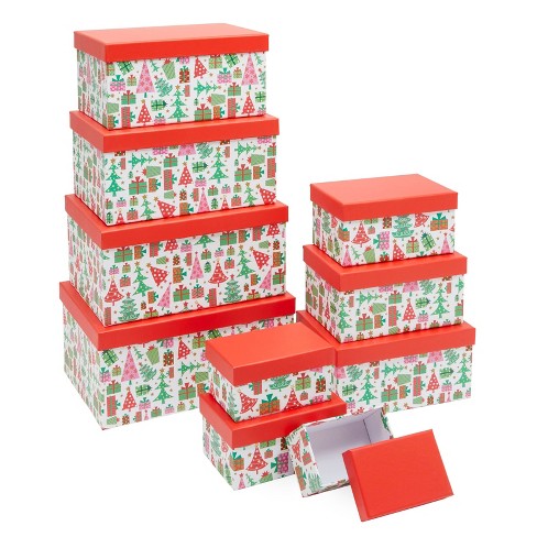 Square Paper Nesting Gift Boxes with Lids, 4 Assorted Sizes (Red