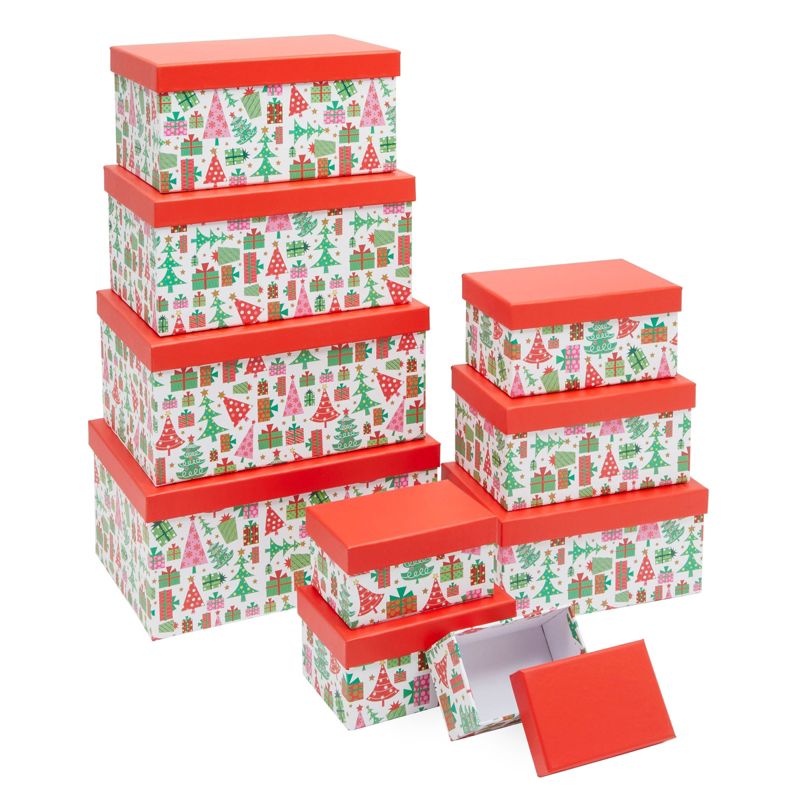 Juvale 10 Pack Nesting Christmas Gift Boxes with Red Lids for Presents, Stackable Nested Holiday Gift Wrap, 10 Sizes, 1 of 10