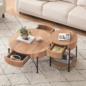 Round Coffee Table with Drawers Farmhouse Coffee Table with Storage Wood Accent Center Table Natural Coffee Table for Living Room - 1 of 4