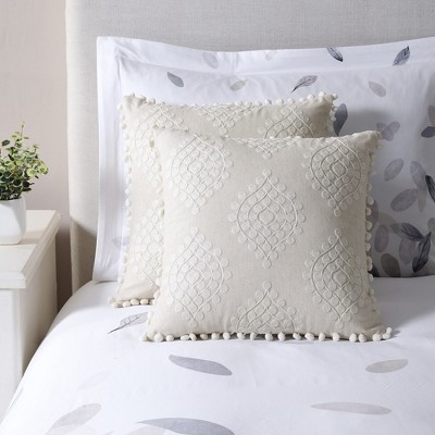 Natural Embroidered Medallion Cotton Linen Reversible Pillow 16x16