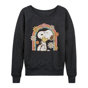 Women's - Peanuts - Retro Flower Rainbow Lightweight French Terry Wide Neck Long Sleeve Shirt - 1 of 4