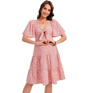 Coolmee Women Summer Maternity Midi Dresses for Baby Shower Knotted V Neck Ruffle Tiered Short Sleeve Knee Length Tie Front Dress - 1 of 1