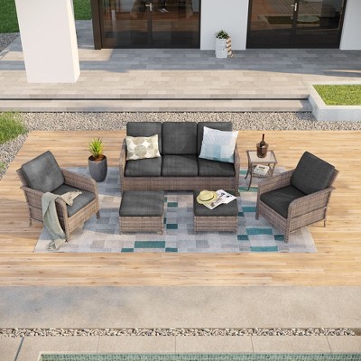 Sonkuki 6 Pieces Patio Sofa with Ottomans Set, All-Weather PE Rattan Wicker, Patio Conversation Couch with Cushion