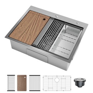 Drop In Kitchen Sink,Stainless Steel Kitchen Single Bowl Sinks, Modern Top Mount 16 Gauge Workstation Sink- with Pull-Down Faucet for Bar - 1 of 4