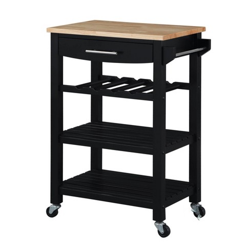 Ellaine 4 Tier Butcher Block Kitchen Cart with Drawer and Wine Rack Black Butcher Block Breighton Home