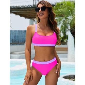 Women's High Waisted Bikini Sets Sporty Two Piece Swimsuits Color Block Cheeky High Cut Bathing Suits