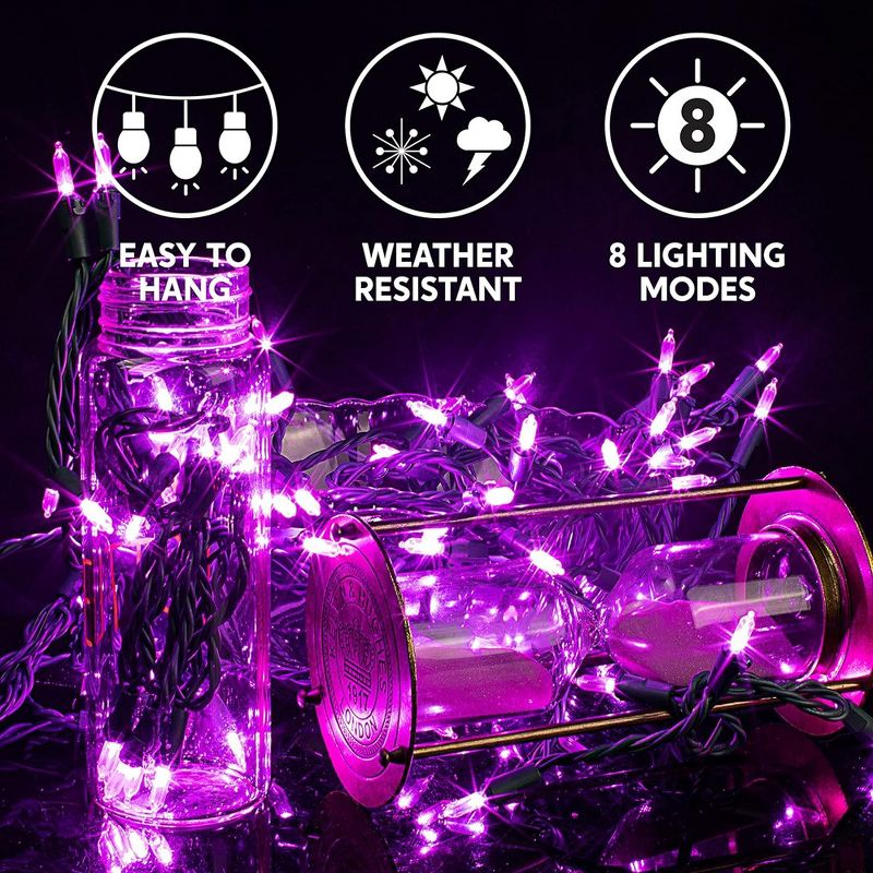 100 Purple LED Green Wire String Lights, 8 Modes (T5), 5 of 9