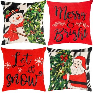 Christmas Pillow Covers 18x18 inch Set of 4, Christmas Decorations Snowman Santa Elk Sleigh Truck Plaid Winter Holiday Decor - 1 of 4