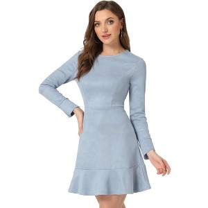 INSPIRE CHIC Women's Regular Fit Faux Suede Crew Neck Long Sleeve Ruffled Hem Mini Dress - 1 of 4