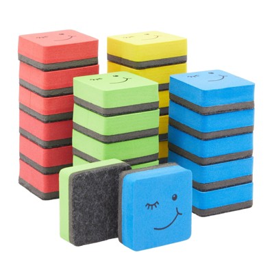 Juvale 24 Pack Magnetic Mini Dry Erase Erasers for Classroom Whiteboard, School Supplies, Smiley Face, 4 Colors, 2 x 0.7 In