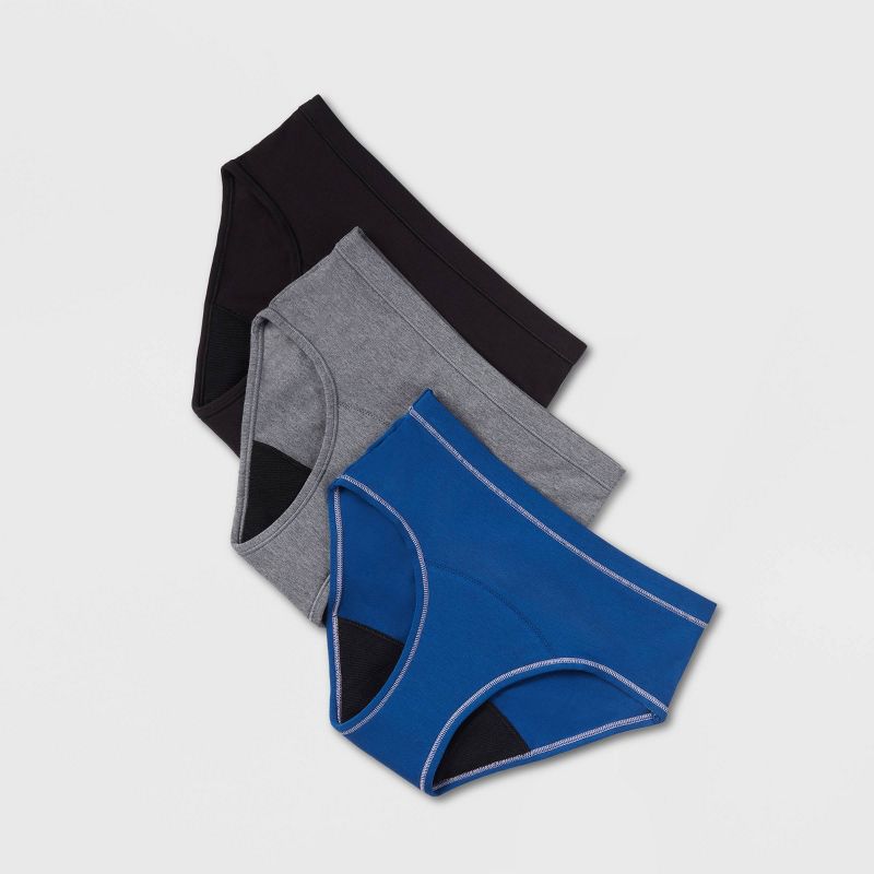 Thinx Teen's 3pc Classic Combo Briefs Period Underwear - Black/Blue/Gray, 1 of 15