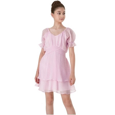 2Bunnies Girls Tween Teen Tiered Layered Ruffle Textured Pleated Mini Dress