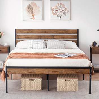 Whizmax Queen Bed Frame with Wood Headboard and Metal Slats Support Platform Bed Frame with Storage No Box Spring Needed, Brown