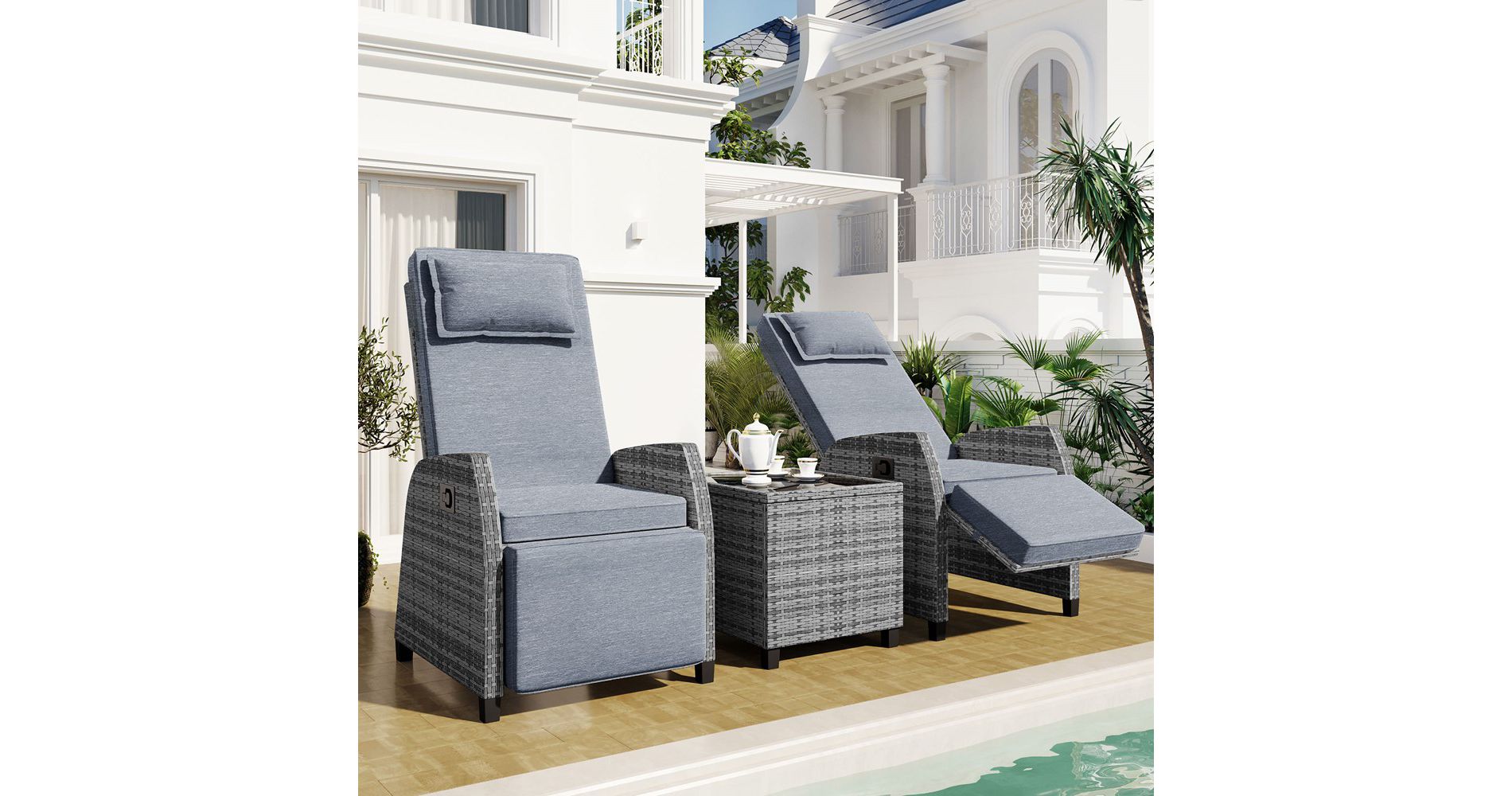 3 Pieces Wicker Furniture Set, Adjustable Outdoor Rattan Wicker Two-Person Lounge Chair And Coffee Table Gray