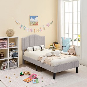 VECELO Bed Frame, Upholstered Platform Bed with Soft Teddy Fabric Adjustable Headboard, Beige/Gray - 1 of 4