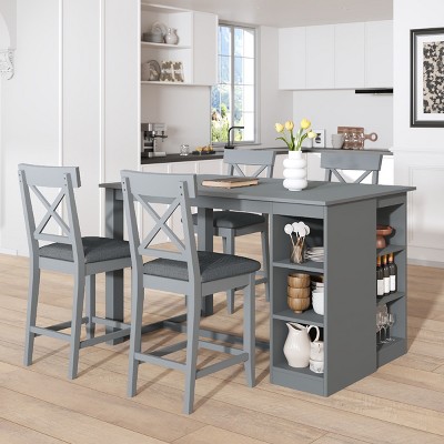 5 PCS Farmhouse Dining Set, 1 Table and 4 Cross-Back Chairs, Counter Height Dining Table with Storage Shelves and Upholstered Chairs-Baofuwish