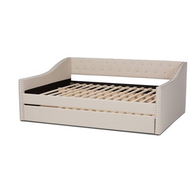 Beige Upholstered Full Size Daybed with Trundle and Nailhead Trim