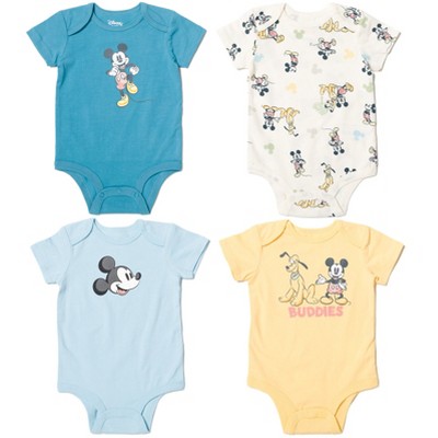 Image of Disney Mickey Mouse Pluto Newborn Baby Boys 4 Pack Cuddly Ring Snap Bodysuits blue / White / Yellow 3-6 Months