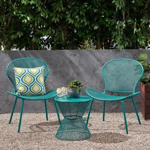 Nevada 3pc Iron Chat Set - Matte Teal - Christopher Knight Home: Weather-Resistant, No Cushion, Round Table - 1 of 4