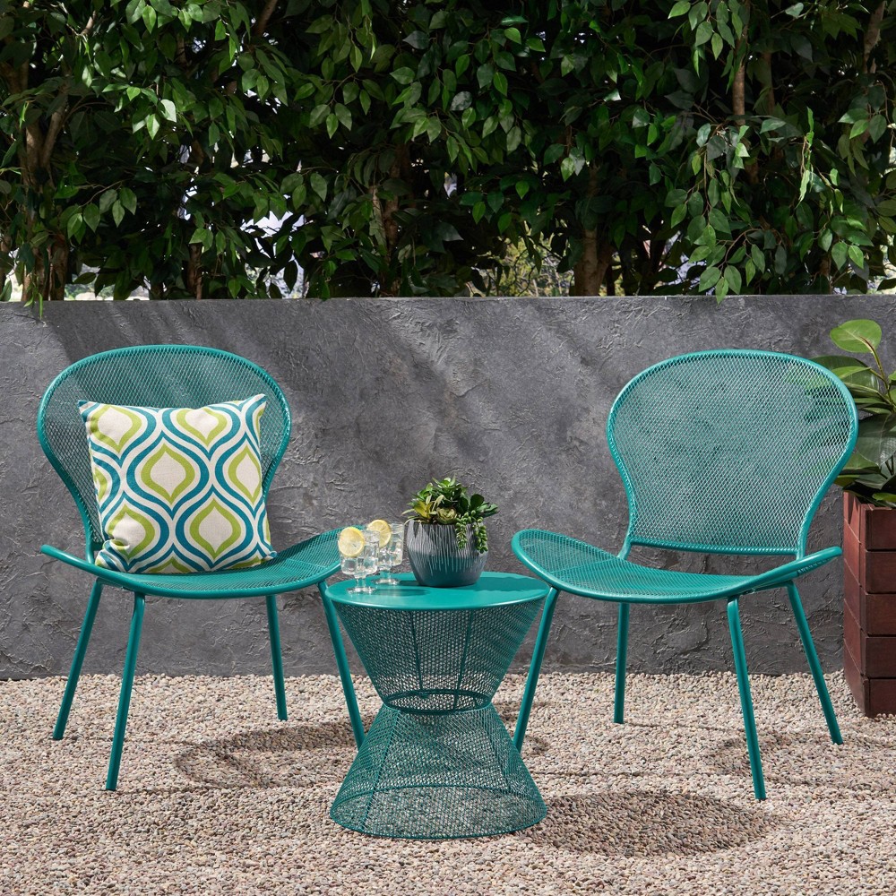 Nevada 3pc Iron Chat Set - Matte Teal - Christopher Knight Home: Weather-Resistant, No Cushion, Round Table