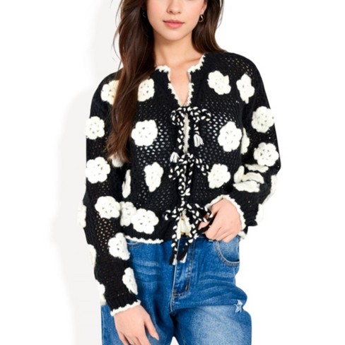 Anna-Kaci Women's Crochet Knit Floral Cardigan with Tassel Tie Front and Scalloped Edges - image 1 of 4