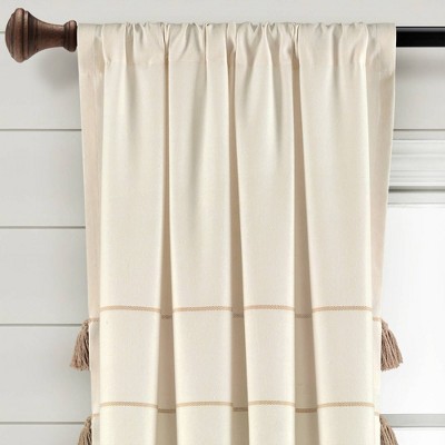 Ivory and Wheat Cotton Boho Tassel Window Curtain Panels, 42"W x 95"L
