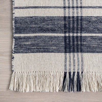 Ivory and Blue Striped Wool Fringe Area Rug 2' x 3'