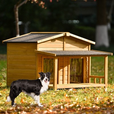 LAOTIES 47" Wooden Dog House,Indoor And Outdoor Cabin Style Pet Crate with 2 Doors,Raised Floor