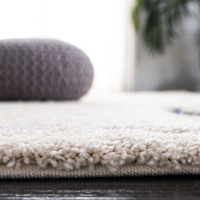 Cream and Blue Hand-Knotted Shag Runner Rug