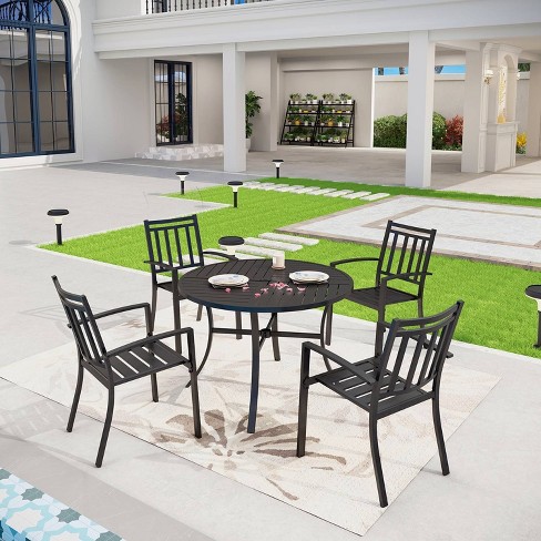 5pc Outdoor Dining Set with Striped Stackable Chairs Round Metal Table with Umbrella Hole Black Captiva Designs