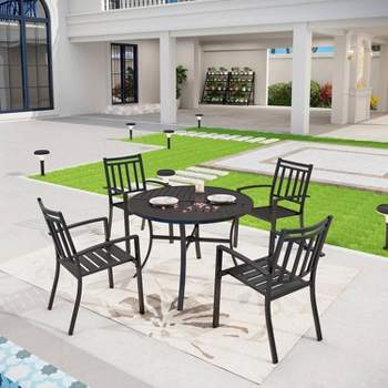 5pc Outdoor Dining Set with Striped Stackable Chairs & Round Metal Table with Umbrella Hole - Black - Captiva Designs