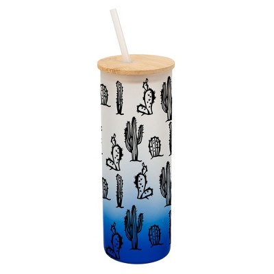Elanze Designs Classic Cactus Desert Plant Wrap-Around Design 25 Ounce Frosted Gradient Glass On-The-Go Coffee Travel Skinny Tumbler Mug Cup, Bamboo