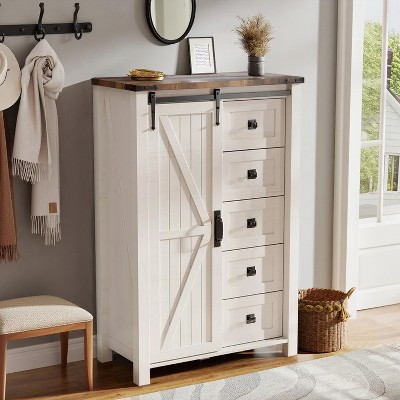SinCiDo Farmhouse Modern 5 Drawer Tall Dresser w/Sliding Barn Door, Storage Organizer Dresser for Bedroom, Living Room & Kids Room