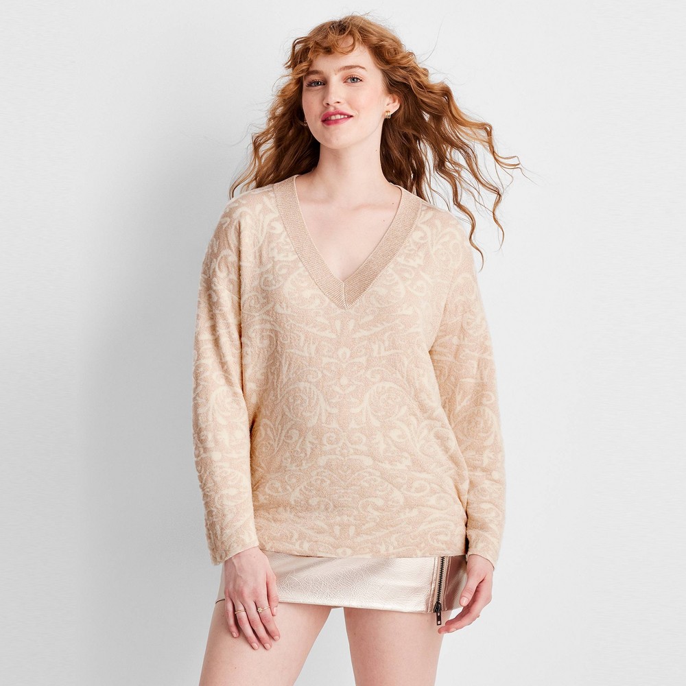 Women's V-Neck Brocade Sweater - Future Collective Cream M