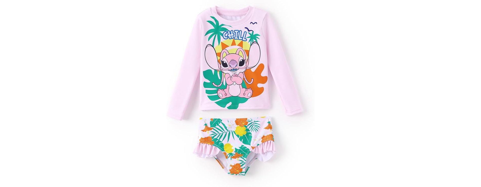 Disney Stitch Kids Girls Summer Holiday Ruffle Swimwear Sets Rashguard Angel Pink 6-7