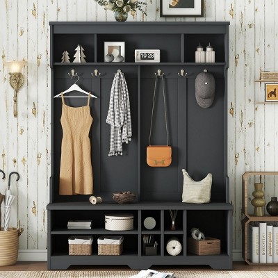 INFURNIC Decorative Storage Cabinets Modern Hallway Coat Rack with Metal Hooks and Shoe Cubbies for Entryway, Black, 59.1"*15.7"*77.3"