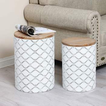 LuxenHome Set of 2 White Round Metal Side and End Tables with Enclosed Storage