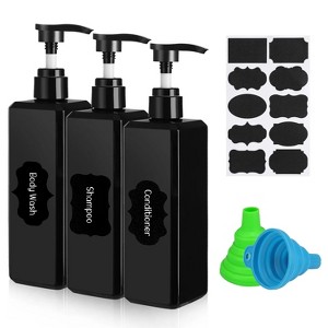 3-Pack 16 oz Black Square Empty Pump Bottles, Shampoo and Conditioner Dispenser Bottles with Silicone Funnel and Labels - 1 of 4