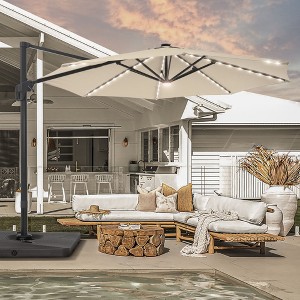 Sonkuki 11FT Round Offset Outdoor Solar LED Patio Aluminum Cantilever Umbrella w/ Base Included & Infinite Canopy Angle Adjustment - 1 of 4