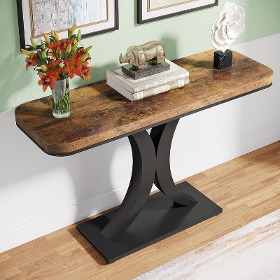 Rustic Brown and Black 40" Console Table with Geometric Metal Base