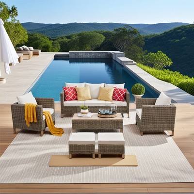 Chic Crate - Duponta 6-Piece All-Weather Wicker Outdoor Sectional Set with UV-Resistant Cushions