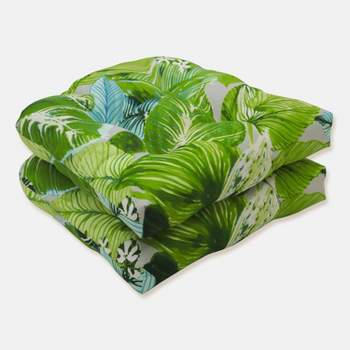 2pk Lush Leaf Jungle Wicker Outdoor Seat Cushions Green - Pillow Perfect