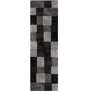 HomeRoots 13' Gray and Black Geometric Power Loom Distressed Runner Rug - 1 of 4