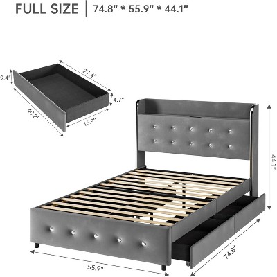 Full Queen King Size Bed Frame with 4 Drawers,Diamond Tufted Upholstered Bed Frame with Charging Station,No Box Spring Needed